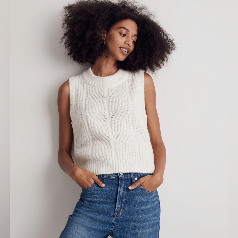 Madewell Cream Cable-Knit Sleeveless Crewneck Sweater